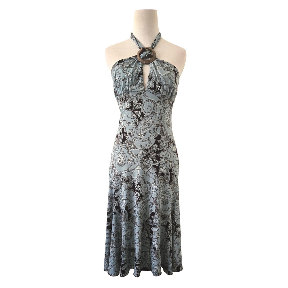 Y2K Lipstick Womens Blue Paisley Halter Midi Dress Wood Ring Keyhole Size M 5530